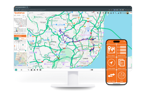 Monitor e smartphone com mapa da plataforma Quatenus para localização GPS e monitorização de frotas