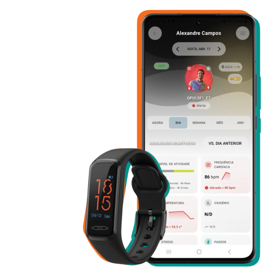 Quatenus MyPulse app with remote monitoring dashboard and smart wristband highlighted