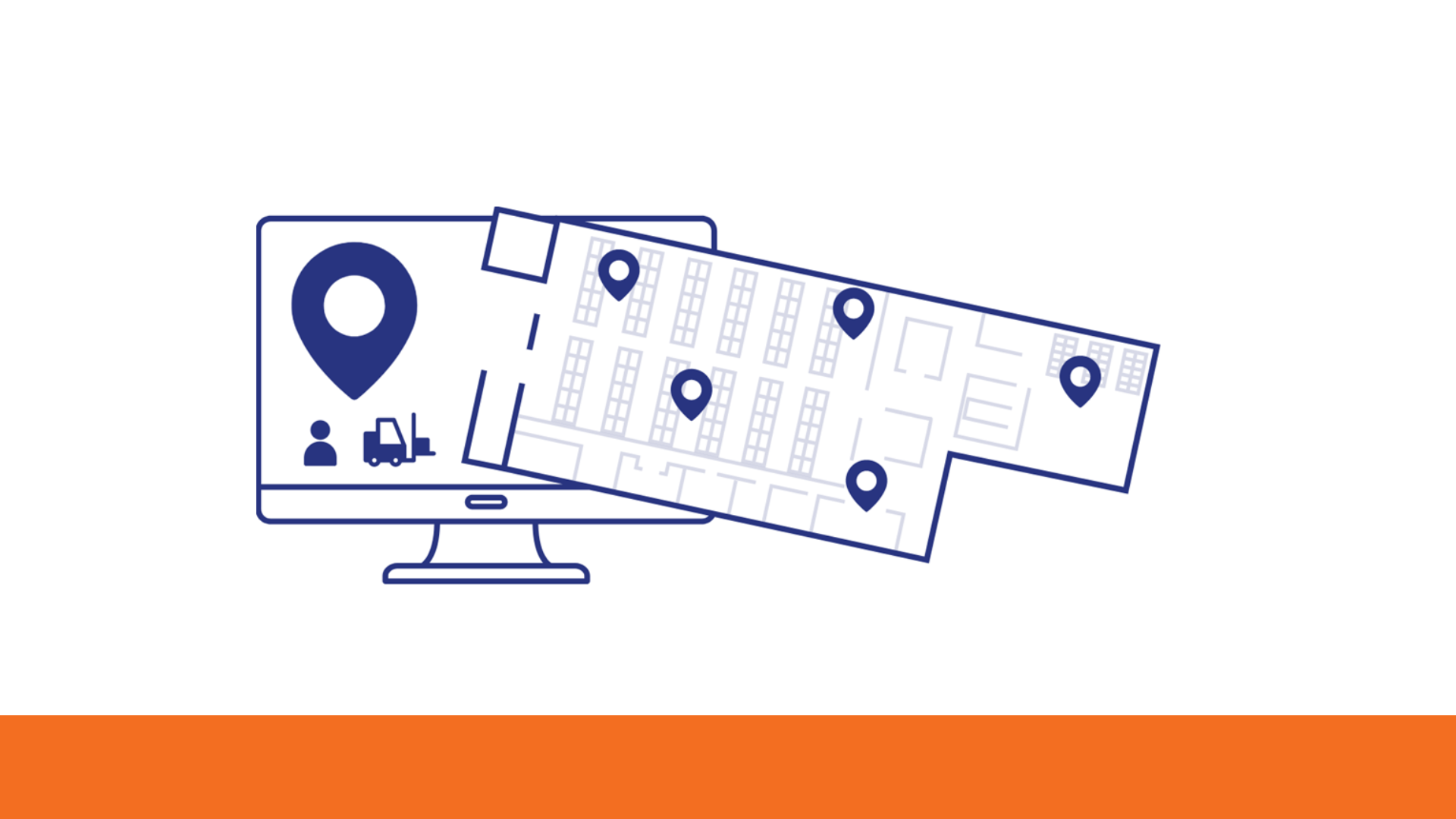 Illustration of a monitor with maps and location markers, representing geographic monitoring and asset tracking