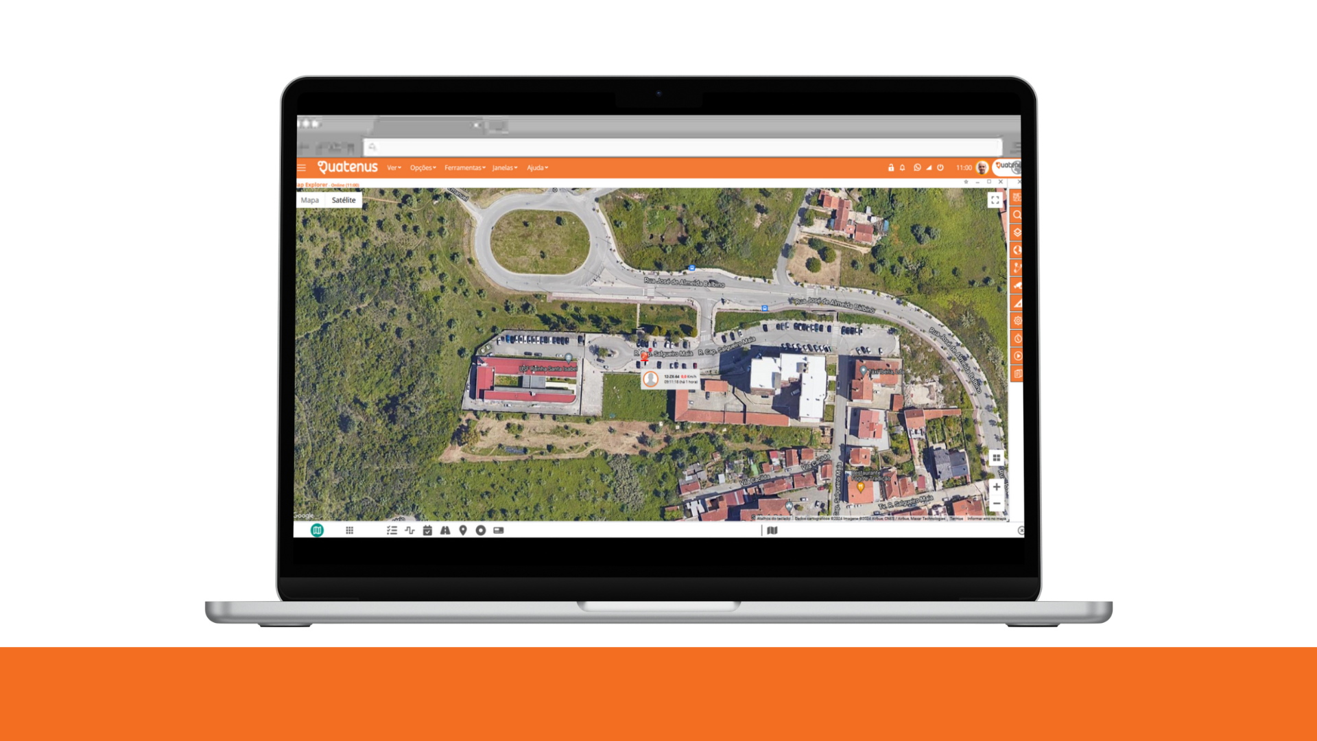 Laptop displaying an aerial view in the Quatenus platform for location tracking and geographic asset monitoring