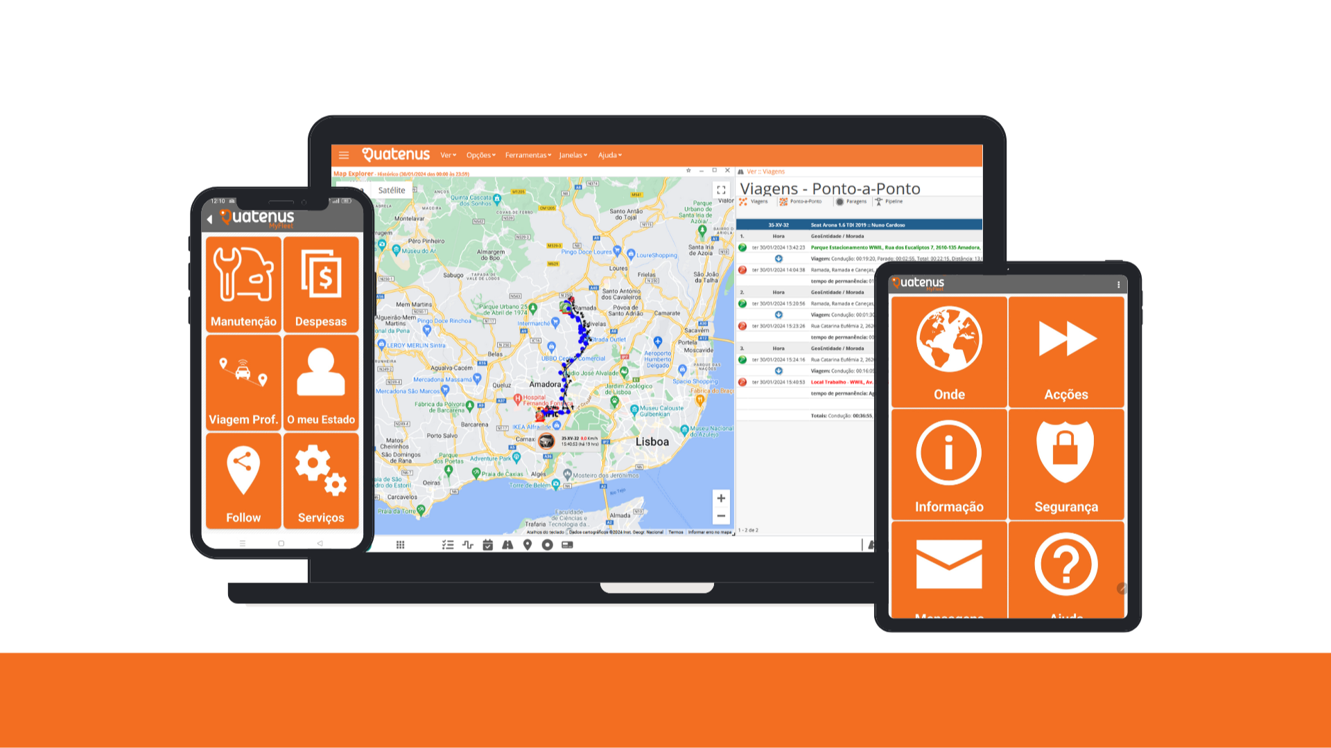 Laptop and smartphones displaying Quatenus platform interfaces for fleet monitoring and mobile operational management