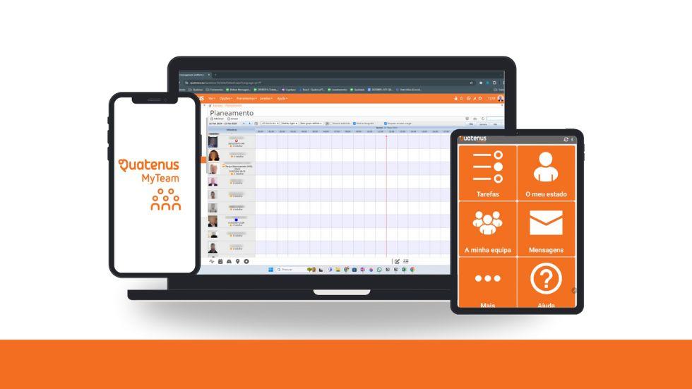 Imagem da Quatenus em multiplataforma com tablet, portátil e smartphone para gestão operacional integrada