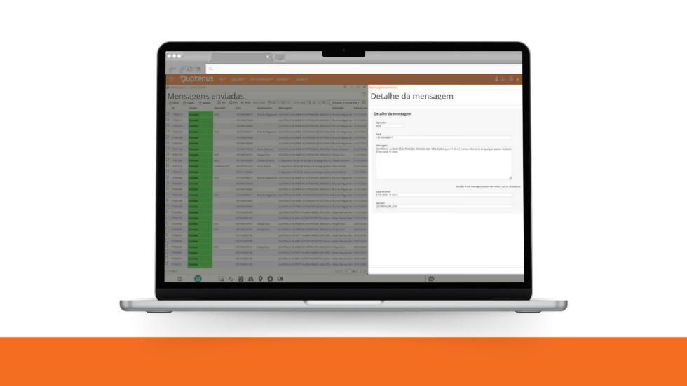 Portátil com tabela de dados e painel de envio de mensagem na plataforma Quatenus para gestão operacional