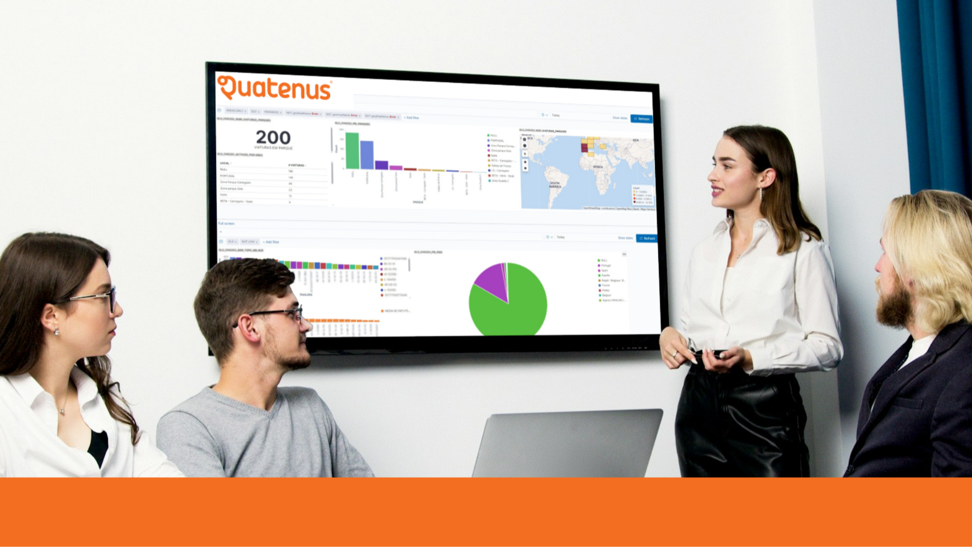Team in a meeting reviewing a Quatenus platform dashboard with charts and operational data