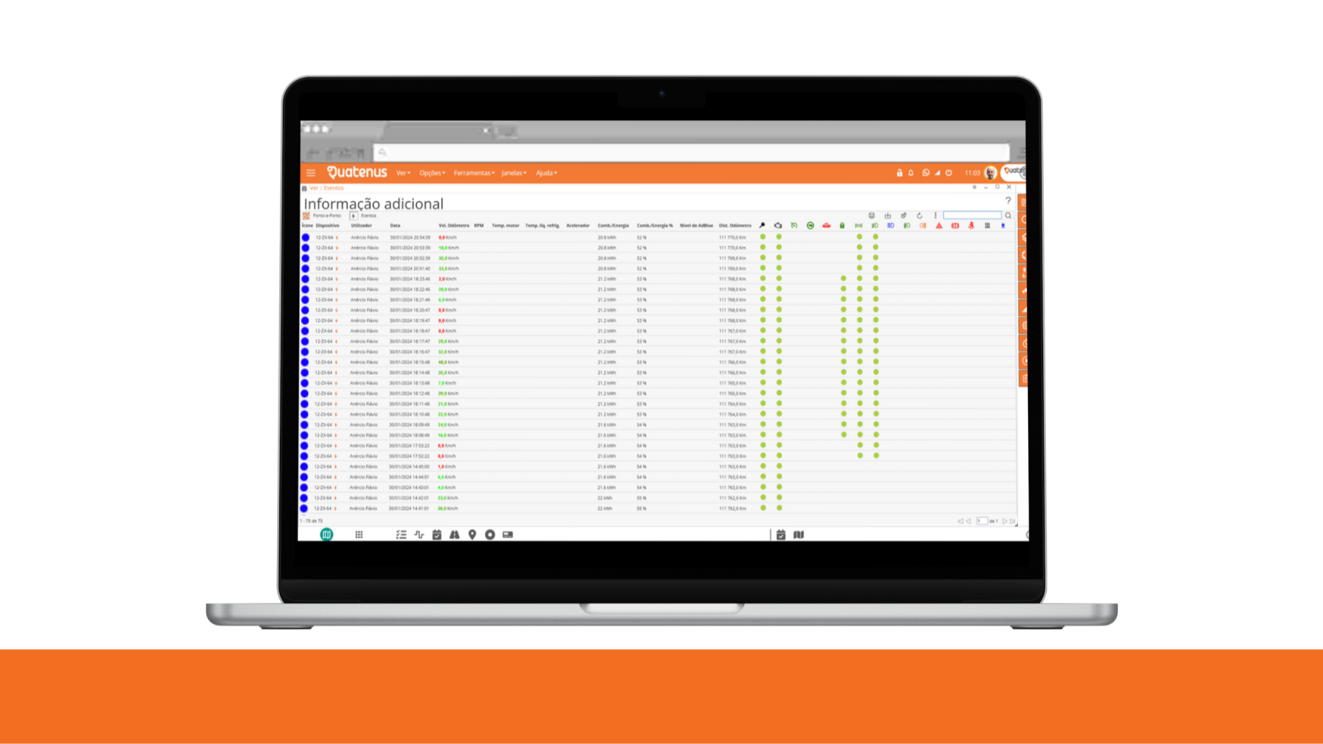 Laptop displaying an operational data table in the Quatenus platform for activity control and analysis